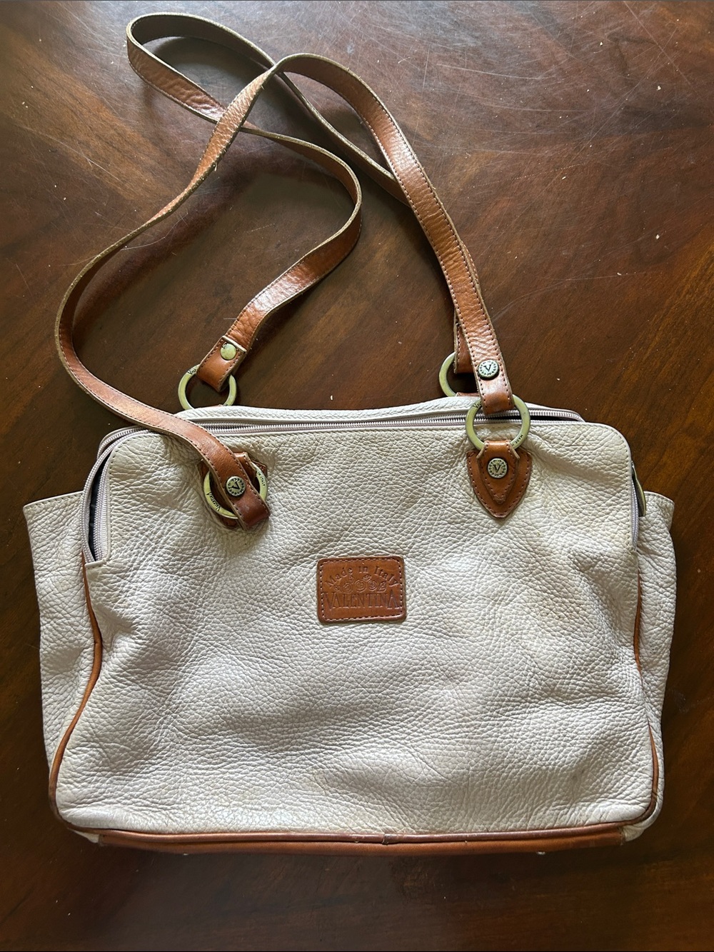 Valentina Cream Pebbled Leather Shoulder Bag Light Lavender with Brown Trim